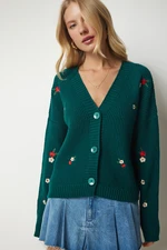 Happiness İstanbul Women's Emerald Green Floral Embroidered Button Knitwear Cardigan