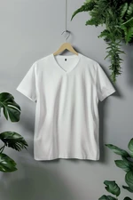 Trendyol Biele Regular/Normálne Fit V-Neck Základné 100% Bavlnené Tričko