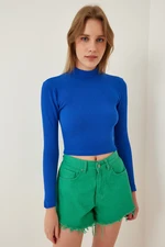 Happiness İstanbul Women's Vibrant Blue Ribbed Turtleneck Crop Knitted Blouse