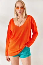 Olalook Orange V-Neck Casual Knitwear Blouse