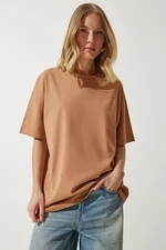 Happiness İstanbul Women's Biscuit Crew Neck Basic Oversize Knitted T-Shirt