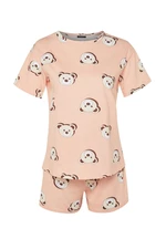 Trendyol Curve Salmon Teddy Bear Printed Cotton Knitted Pajamas Set