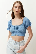 Trendyol Blue Crop Sleeve Detailed Woven Blouse