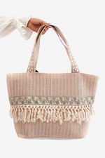 Large Nude Missalori Woven Beach Bag with Fringe