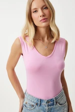 Happiness İstanbul Women's Candy Pink Deep Front Back V-Neck Viscose Blouse