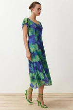 Trendyol Blue Floral Square Neck Midi A-Line/A-Line Form Knitted Midi Dress