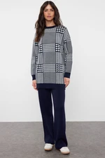 Trendyol Navy Blue Houndstooth Patterned Sweater-Pants Knitwear Set