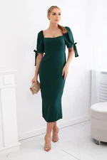 Women's dress gathered at the back with tied sleeves - dark green