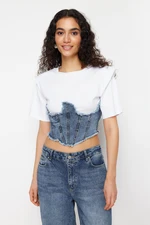 Trendyol White Denim Detailed Crop Padded Knitted Blouse