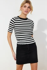 Trendyol Black Baby Overlock Detailed Striped Fitted Stretchy Knitted Blouse