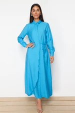 Trendyol Turquoise Side Tie Woven Shirt Linen Look Dress