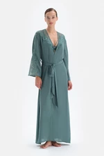 Dagi Green Three Quarter Sleeve Lace Long Dressing Gown