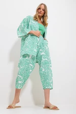 Trend Alaçatı Stili Women's Green Patterned Kimono With Jacket And Trousers Linen Woven Bottom Top Suit
