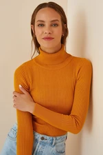 Happiness İstanbul Women's Mustard Turtleneck Corduroy Lycra Sweater