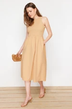 Trendyol Camel Waist Opening Fabric Mixed Midi Woven Dress