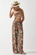 Happiness İstanbul Women's Khaki Tile Patterned Flowing Viscose Palazzo Trousers
