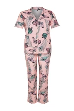 Trendyol Curve Pink Butterfly Patterned Shirt Collar Knitted Pajama Set