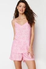 Trendyol Pink Teddy Bear Patterned Rope Strap Viscose Woven Pajama Set