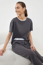 Trendyol Anthracite 100% Cotton Piping and Waist Elastic Detailed Knitted Pajama Set