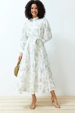 Trendyol Ecru High Collar Floral Belted Poplin Woven Dress