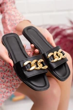 TER01 Women Slippers with Chain-BLACK