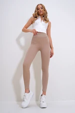 Trend Alaçatı Stili Women's Beige High Waist Ribbed Lycra Leggings