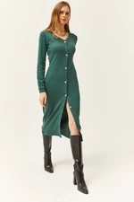 Olalook Women's Green V-Neck Buttoned Thick Ribbed Midi Dress