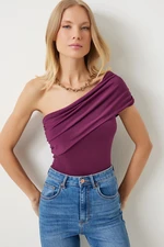 Happiness İstanbul Women's Plum One Shoulder Gathered Knitted Blouse