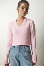 Happiness İstanbul Women's Light Pink V-Neck Crop Knitwear Sweater