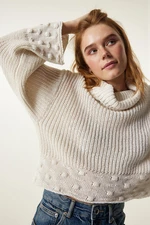 Happiness İstanbul Women's Cream Turtleneck Textured Seasonal Knitwear Sweater