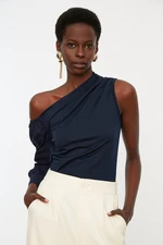 Trendyol Navy Blue One-Shoulder Asymmetrical Collar Crepe Knitted Blouse