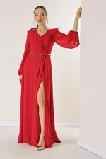 By Saygı Flounce Front Balloon Sleeve Belted Chiffon Long Dress