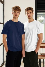 Trendyol Navy Blue-White Basic Slim Fit/Slim Cut 100% Cotton 2-Pack Short Sleeve T-Shirt