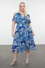 Trendyol Curve Blue Tropical Leaf Patterned Chiffon Double Breasted Woven Dress