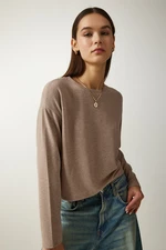 Happiness İstanbul Women's Dark Beige Soft Textured Crop Knitted Blouse