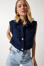 Happiness İstanbul Women's Navy Blue Stylish Buttoned Patterned Crop Tweed Vest