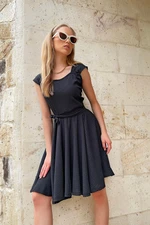 Trend Alaçatı Stili Women's Black Thick Strappy Skirt Flounce Tied Belt Dress