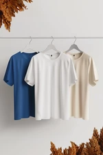 Trendyol Navy Blue-Beige-White Basic Slim 100% Cotton 3 Pack Short Sleeve T-Shirt
