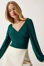 Happiness İstanbul Women's Emerald Green Elastic Balloon Sleeve Sandy Knitted Blouse