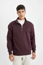 DEFACTO Men's Dark Burgundy Comfort Fit Stand Collar Zippered Thick Basic Plain Sweatshirt