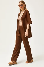 Olalook Women's Bitter Brown Top Kimono Bottom Pants Set