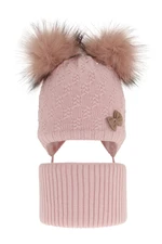 AGBO Girl's winter set: hat and tube scarf pink with two pompoms Bettina