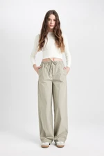 DEFACTO Cool Poplin Trousers Straight Fit Basic Plain Pocket Elastic Waist Tie