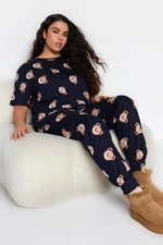 Trendyol Curve Navy Blue Teddy Bear Patterned Knitted Pajama Set