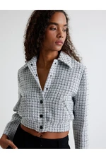 Koton Tweed Bomber Jacket with Pockets and Buttoned Shirt Collar