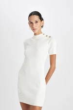 DEFACTO Fitted Half Turtleneck Basic Plain Button Detail Rib White Mini Dress