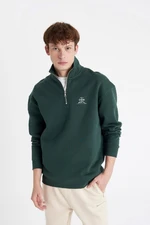 DEFACTO Men's Green Comfort Fit Stand Collar Zippered Text Printed Sweatshirt