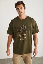 GRIMELANGE Sneill Men's Crew Neck 100% Cotton Printed Khaki T-shir