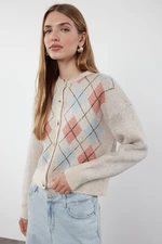 Trendyol Stone Soft Textured Diamond Patterned Jacket-Looking Knitwear Cardigan