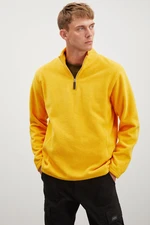 GRIMELANGE Hayes Men's Fleece Half Zipper Leather Accessory Thick Textured Comfort Fit Saffron Yellow Fleece